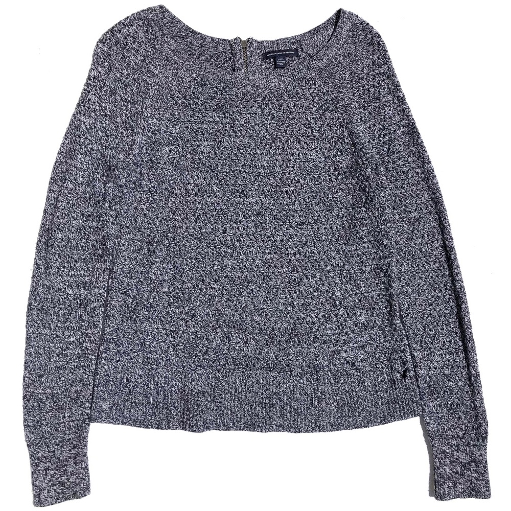 American Eagle pullover sweater women M black white marled open knit back zipper